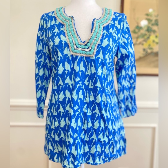 Vineyard Vines Tops - Vineyard Vines Lucaya Tunic Linen Blend Parrot Bird print XS